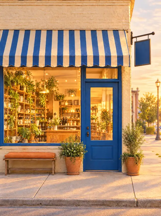 The shop open for business, its window glowing at sunrise